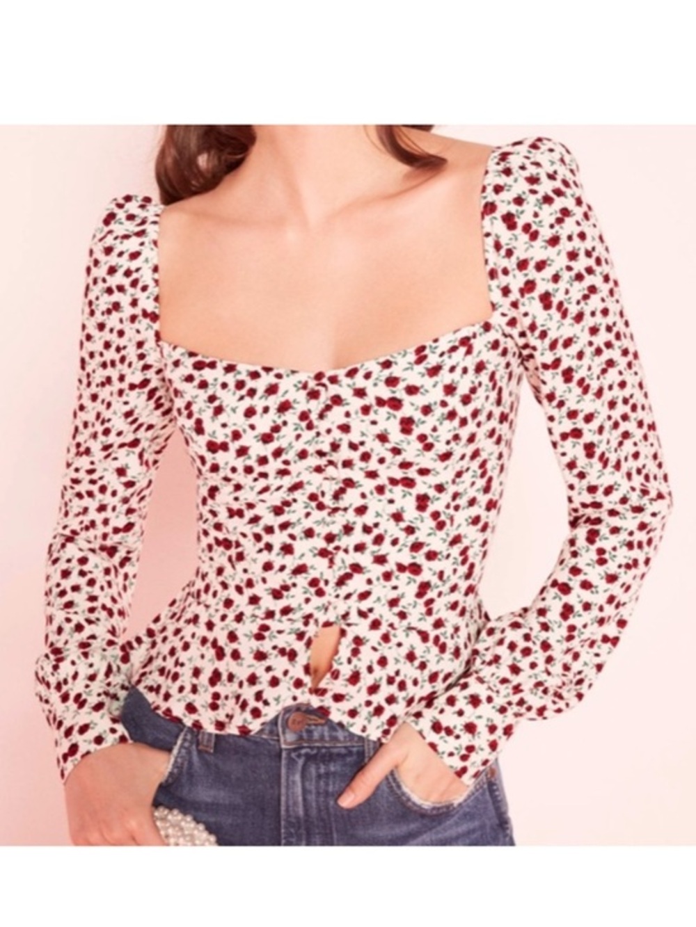 Reformation Mimi Top in Amber Floral Red Rose Size 8 best fits a 6